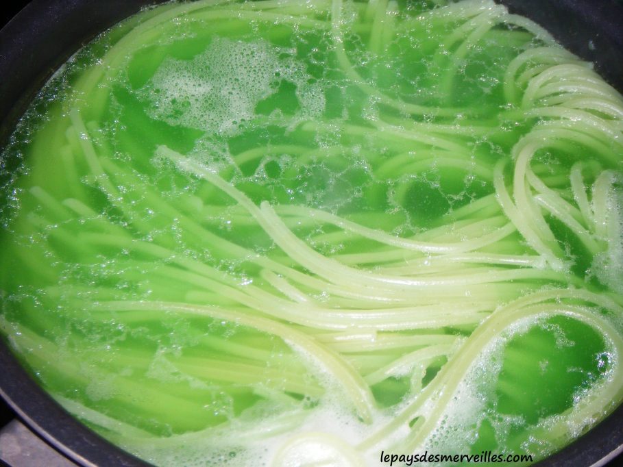 Activité sensorielle spaghettis colorés en vert