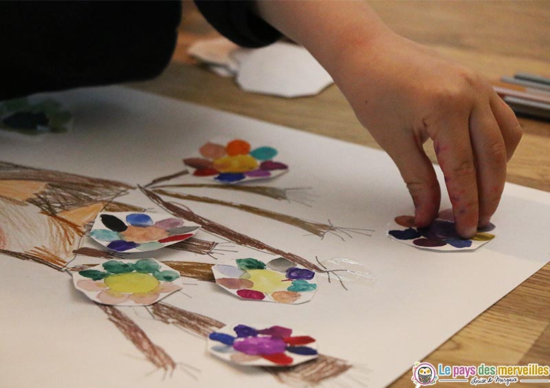 Coller des fleurs peintes sur un dessin d'arbre