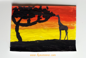Peinture coucher de soleil et silhouette de girafe