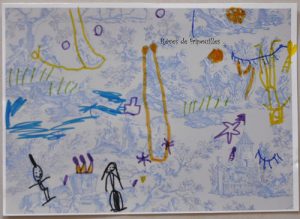 dessins sur toile de jouy d'après le livre Louna et la chambre bleue