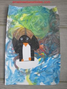 Pingouin en collage et peinture