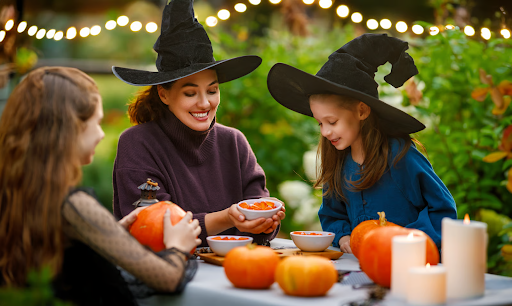 Enfants participant à une activité d'Halloween dans le jardin