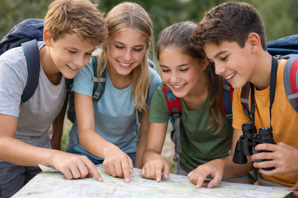 Adolescents de 12 à 14 ans en colonie de vacances développant leur autonomie et leur esprit de groupe