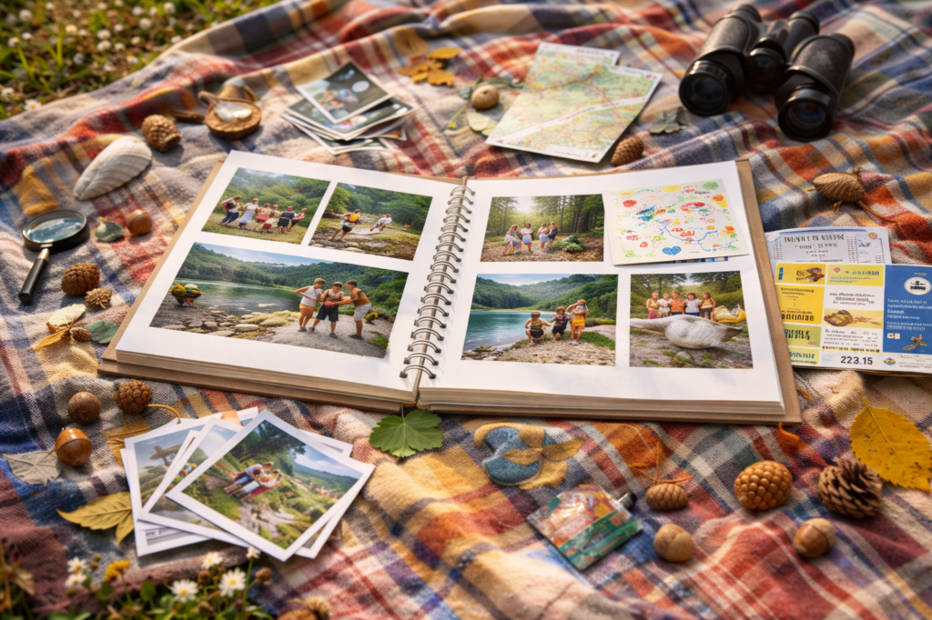 Un album photo ouvert posé sur une couverture de pique-nique, entouré d’objets souvenirs, de photos imprimées et d’une carte de promenade en nature.