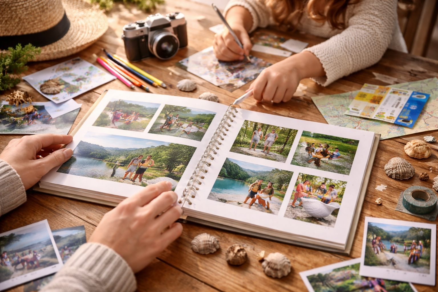 Une famille feuillette un album photo de petits voyages avec des photos de sorties, de promenades et de moments partagés.