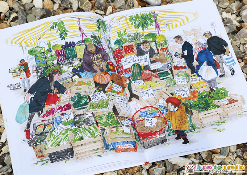 Illustration d'un stand de fruits et légumes sur le marché