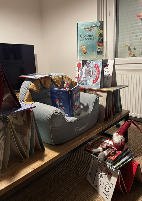 Lutin de Noël qui lisent des livres à des peluches