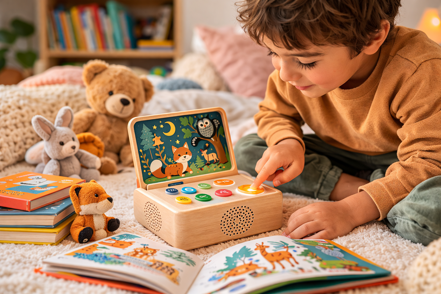Boîte à histoires enfant utilisée dans une chambre pour écouter un conte sans écran.