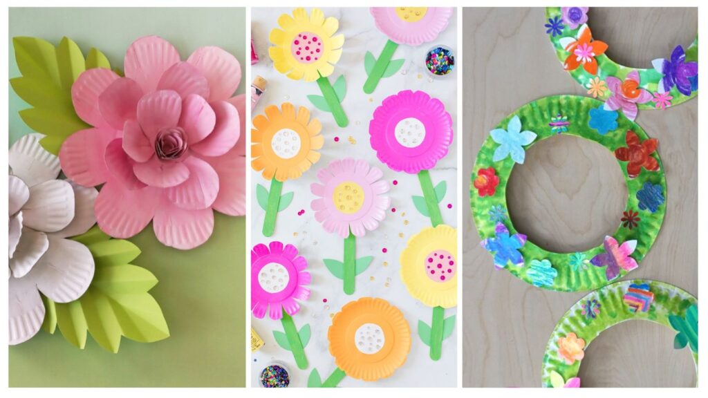 bricolage thème fleurs avec des assiettes en carton