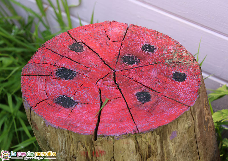 dessin de coccinelle sur un bûche en bois