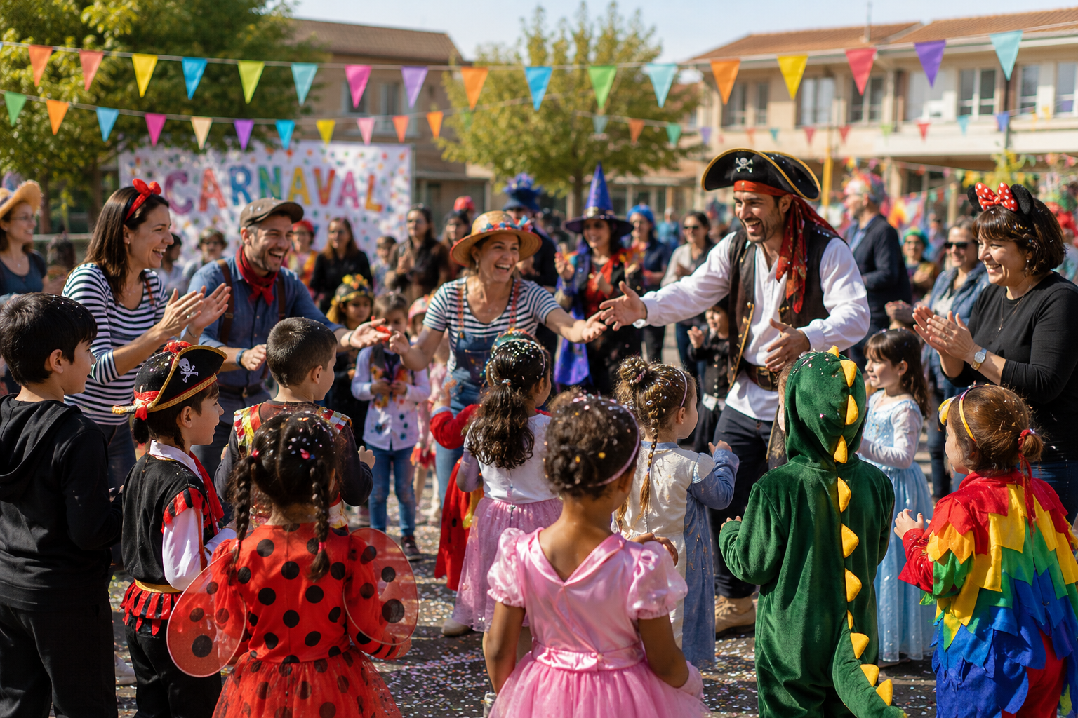 Parents déguisés animant un carnaval d'école avec des enfants costumés