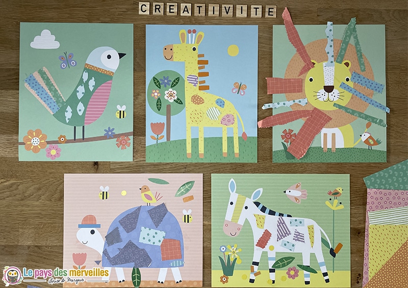 Tableaux décorés animaux rigolos avec un découpage et collage de bandes de papier à motifs