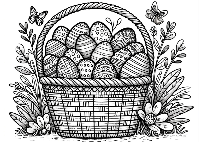 Coloriage panier rempli d’œufs de Pâques