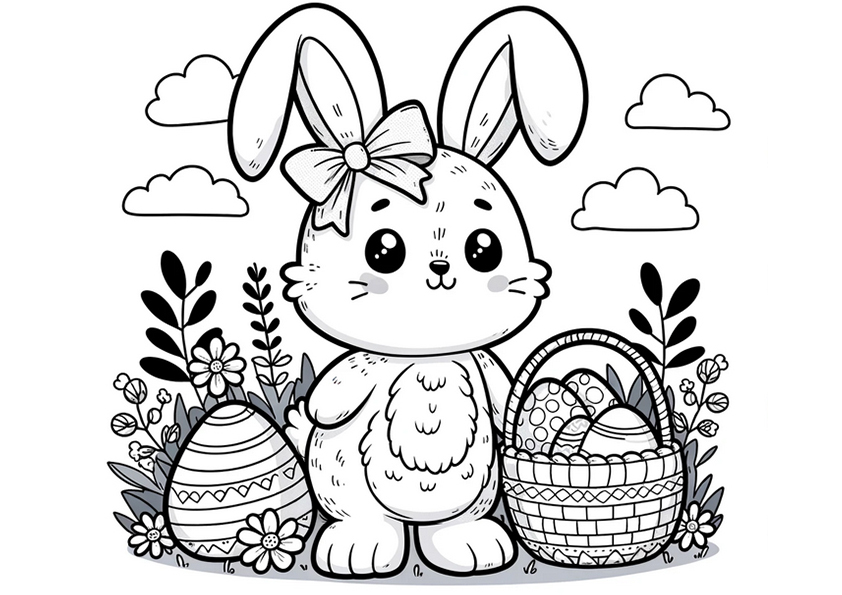 Coloriage Lapin et œufs de Pâques 