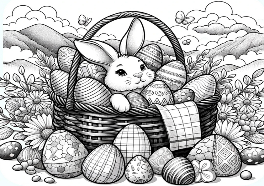 Coloriage lapin dans un panier avec des œufs de Pâques 