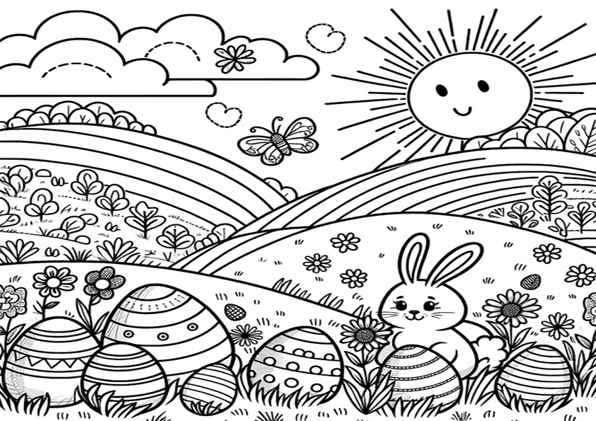 Coloriage paysage printemps Pâques