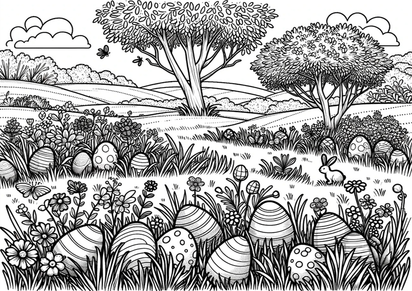 Coloriage paysage de Pâques chasse aux œufs 