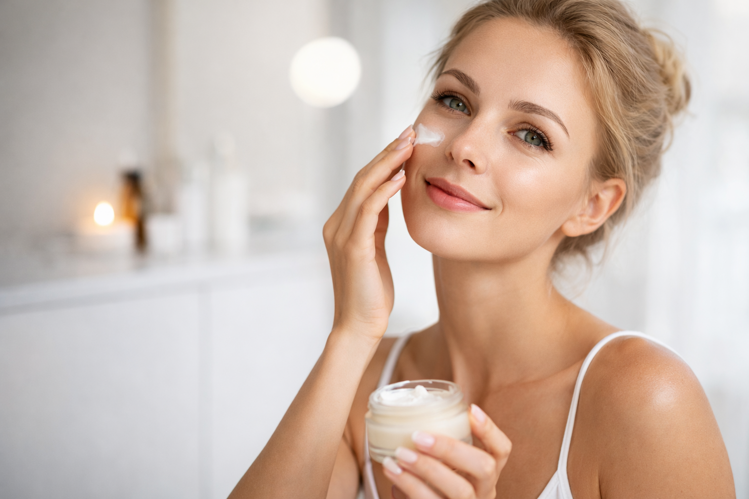 Femme appliquant une crème visage à base de venin d’abeille dans une routine de soin beauté