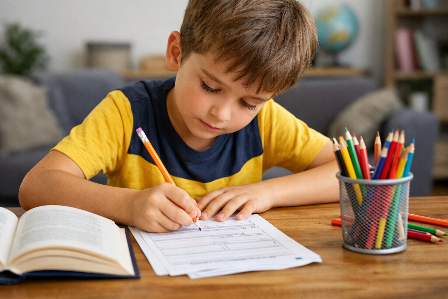 Enfant concentré en train de rédiger une fiche de lecture à la maison avec un livre ouvert et des crayons de couleur.