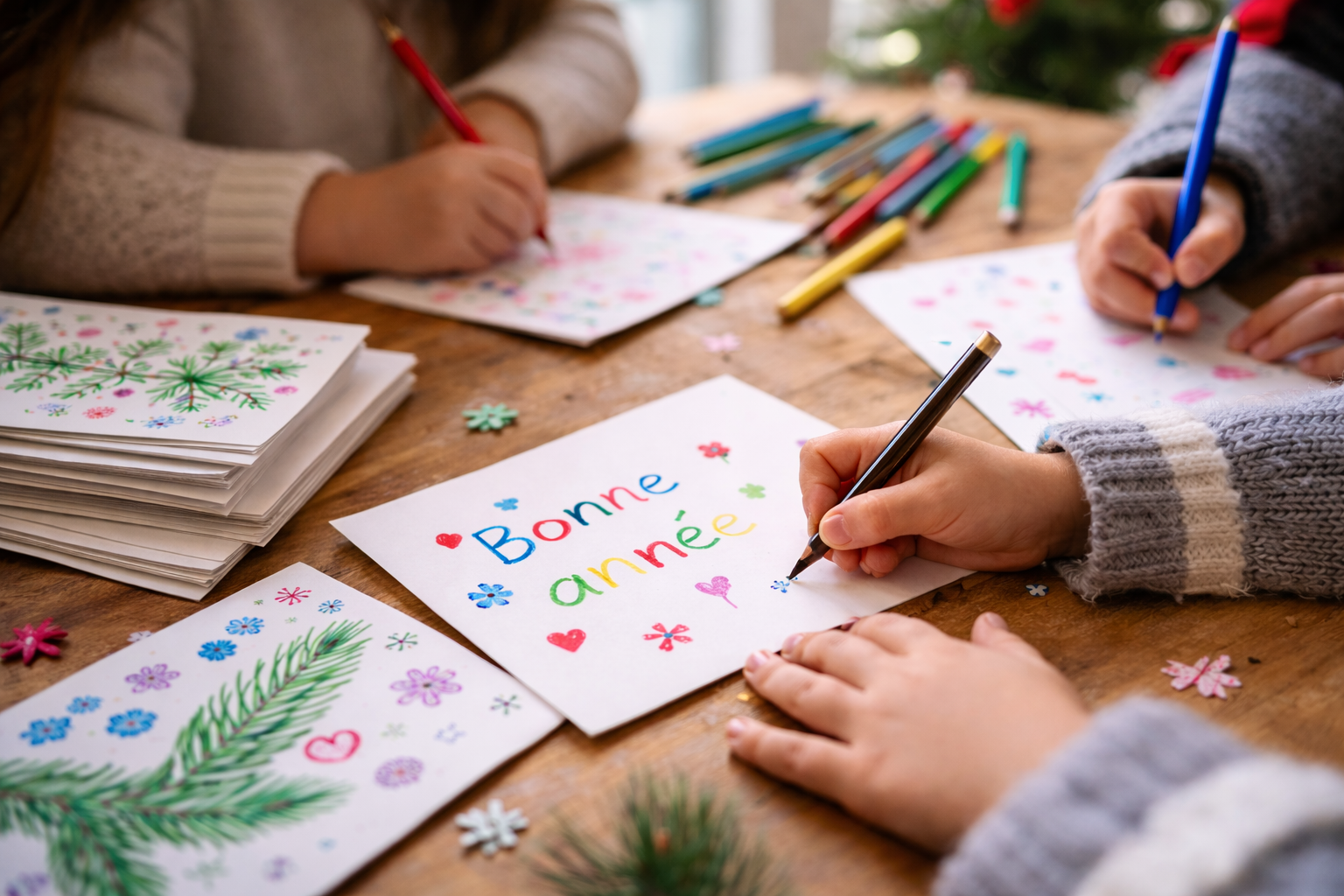 Des enfants créent des cartes de vœux à la main autour d’une table, avec des crayons de couleur et du papier.