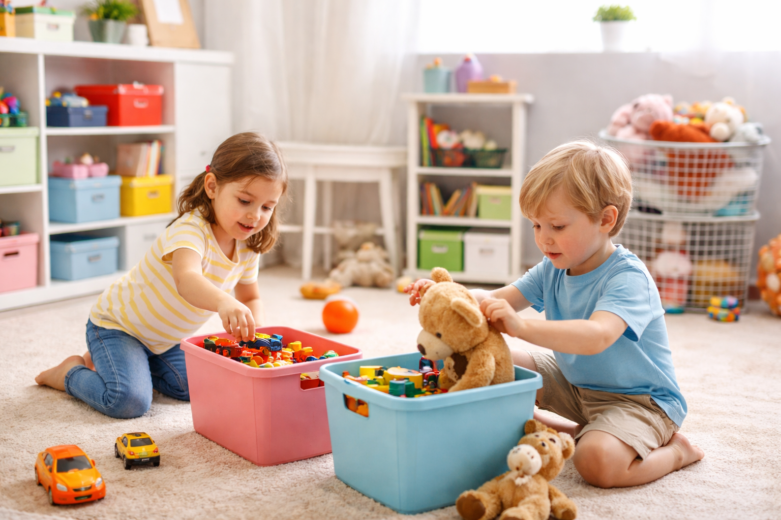 Deux jeunes enfants rangent leurs jouets dans des boîtes de rangement colorées dans une chambre bien organisée.