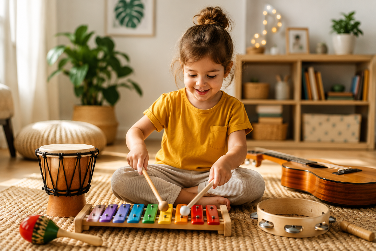 Jeune enfant jouant du xylophone lors d'une activité d'éveil musical à la maison