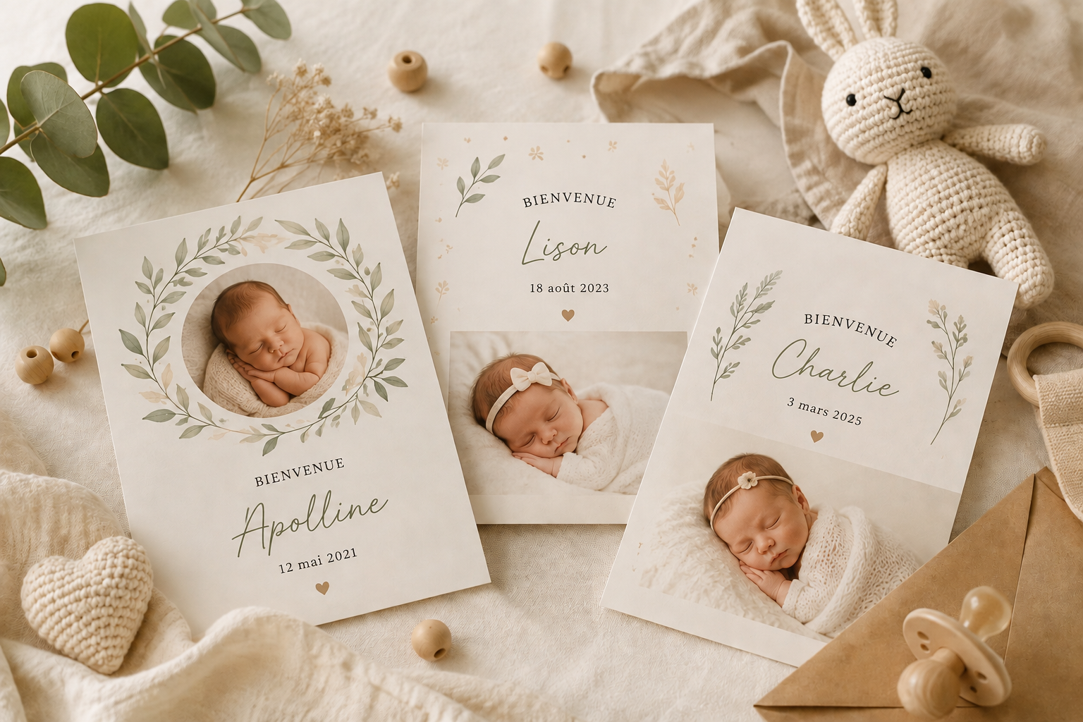 Trois faire-part de naissance personnalisés illustrant l'arrivée d'un deuxième et d'un troisième enfant dans une fratrie