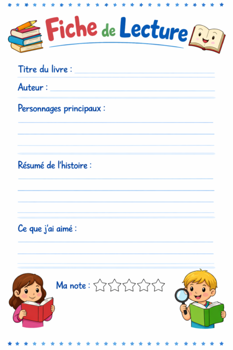 Fiche de lecture simple pour enfant de primaire avec zones à compléter : titre, auteur, personnages, résumé et avis.