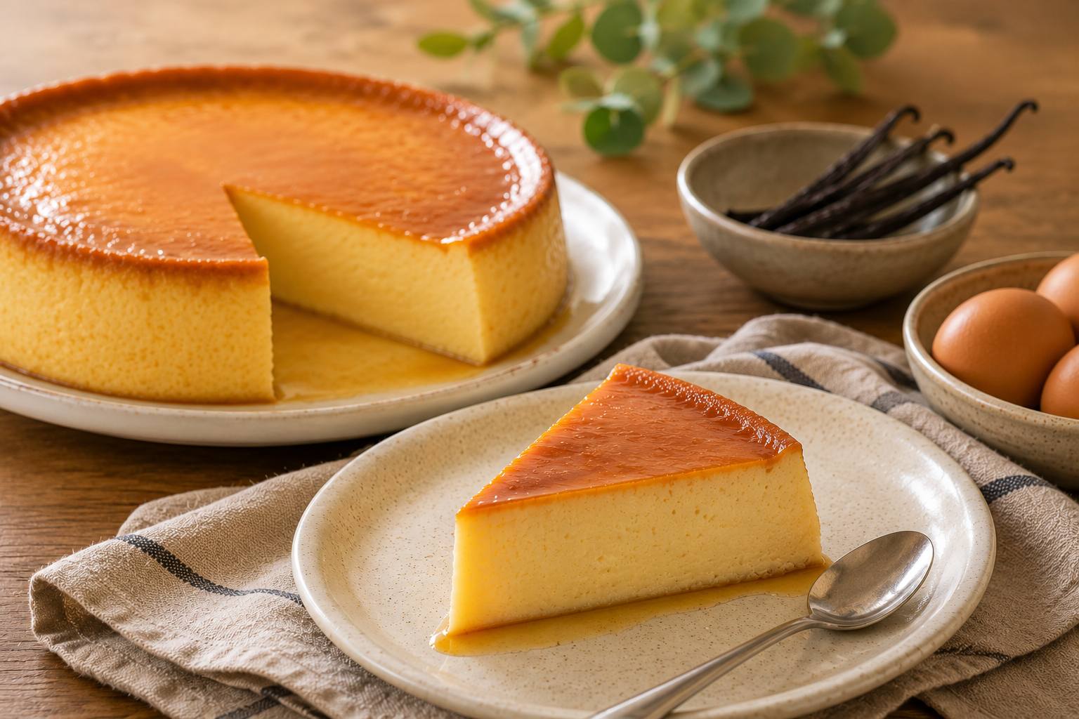 Flan vanille maison servi sur une table en bois pour un goûter familial gourmand et réconfortant