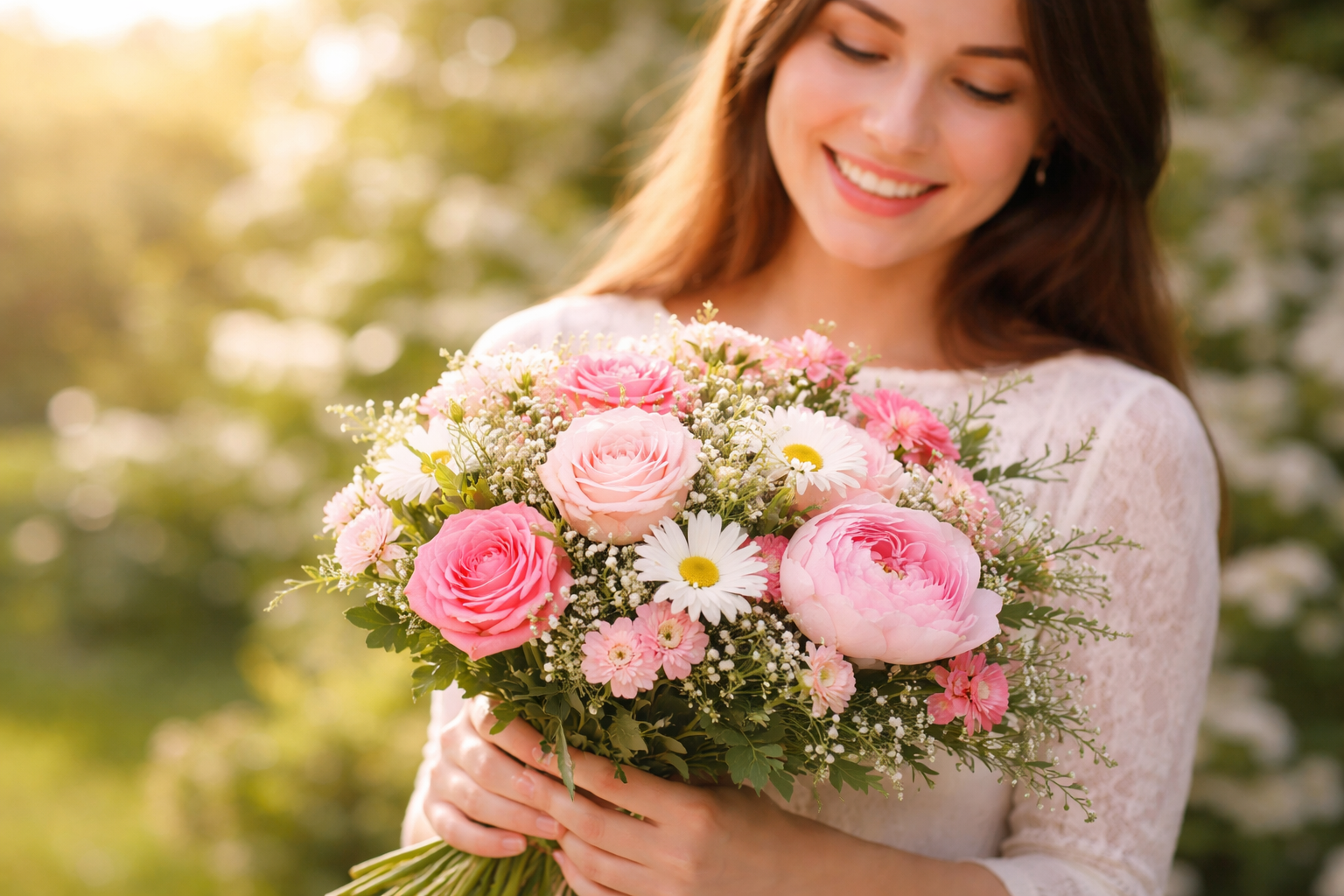 Femme souriante tenant un bouquet de roses et de fleurs pour la fête des mères