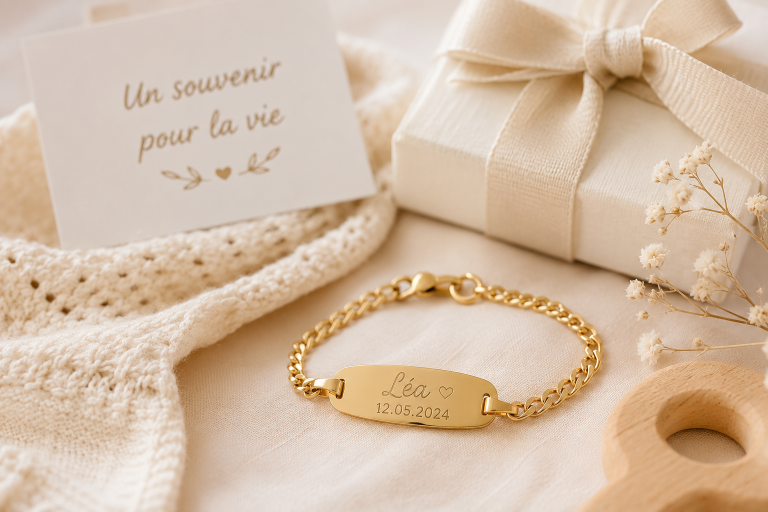 Gourmette bébé en or gravée posée sur un tissu beige avec coffret cadeau et décoration douce de baptême
