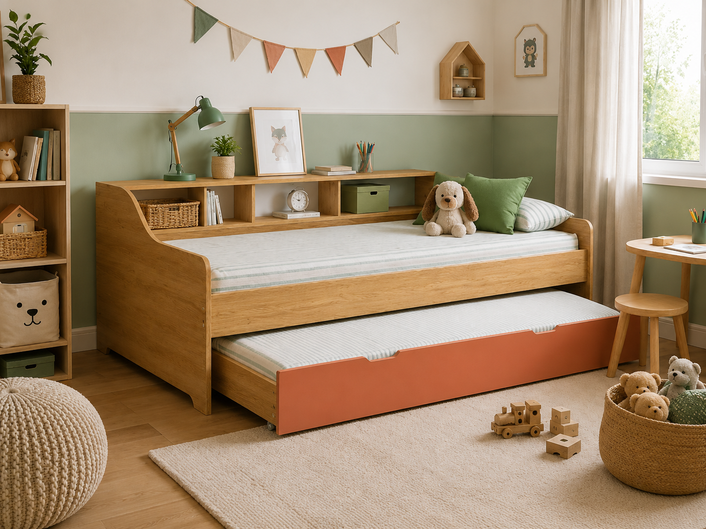 Lit gigogne en bois dans une chambre d’enfant chaleureuse avec décoration naturelle et second couchage déplié