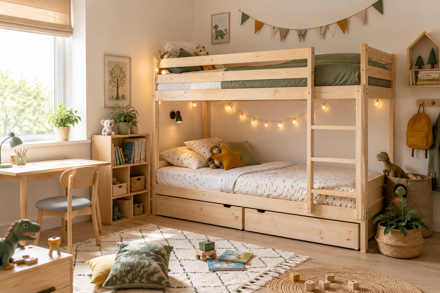 Lit superposé en bois dans une chambre d'enfant lumineuse avec espace bureau et rangements