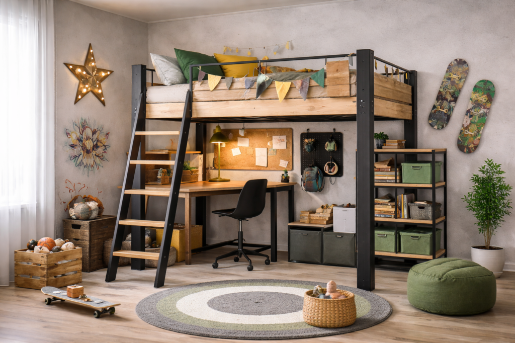 Lit mezzanine enfant avec bureau et rangements dans une chambre au style industriel moderne.