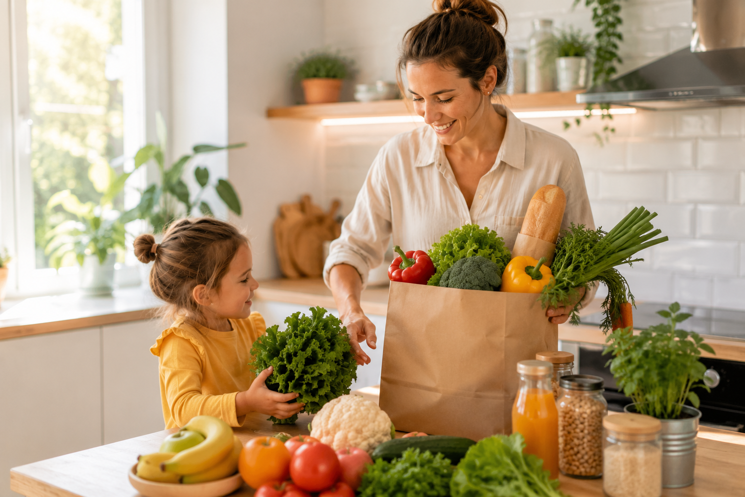 Maman et enfant rangeant des courses fraîches dans une cuisine lumineuse