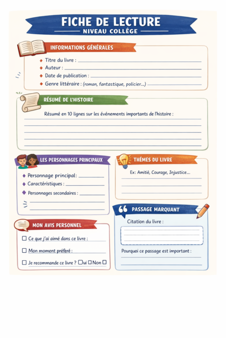 Modèle de fiche de lecture niveau collège avec analyse des personnages, résumé détaillé, thèmes et avis personnel.