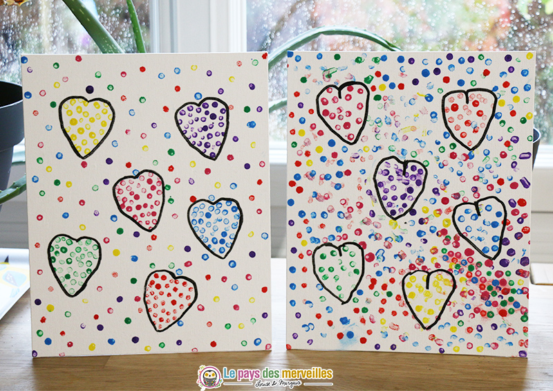 Tableau de coeurs peints avec un coton-tige