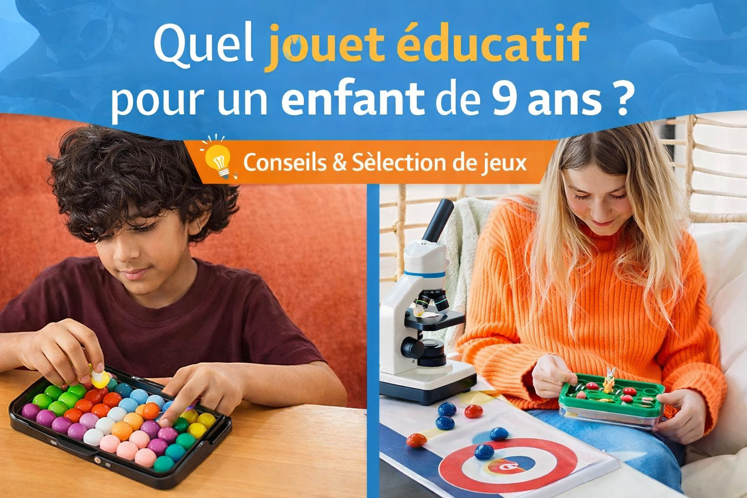 Deux enfants de 9 ans concentrés sur des jeux éducatifs : casse-tête logique, jeu de réflexion et activités favorisant l’autonomie et la réflexion.