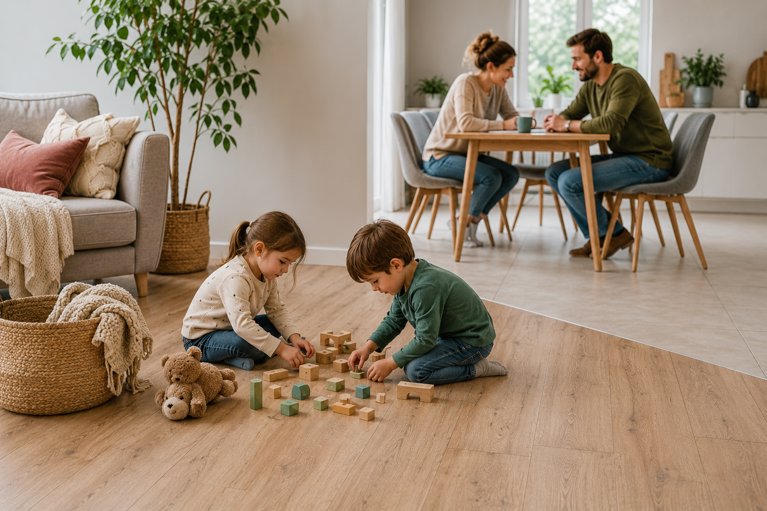 Enfants jouant sur un revêtement de sol dans une maison familiale pendant que leurs parents discutent