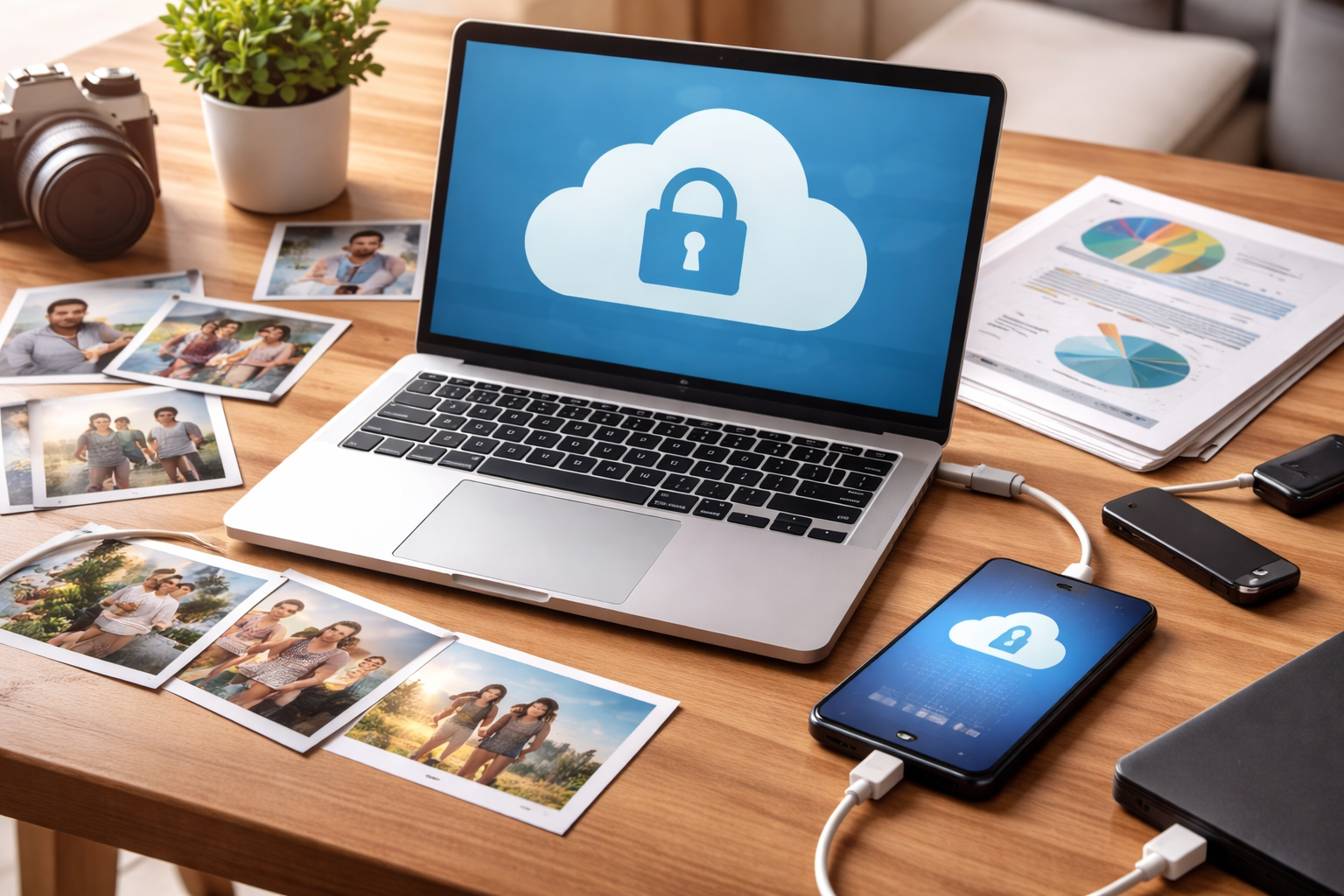 Ordinateur et smartphone affichant une sauvegarde de données dans le cloud, avec photos et documents numériques.