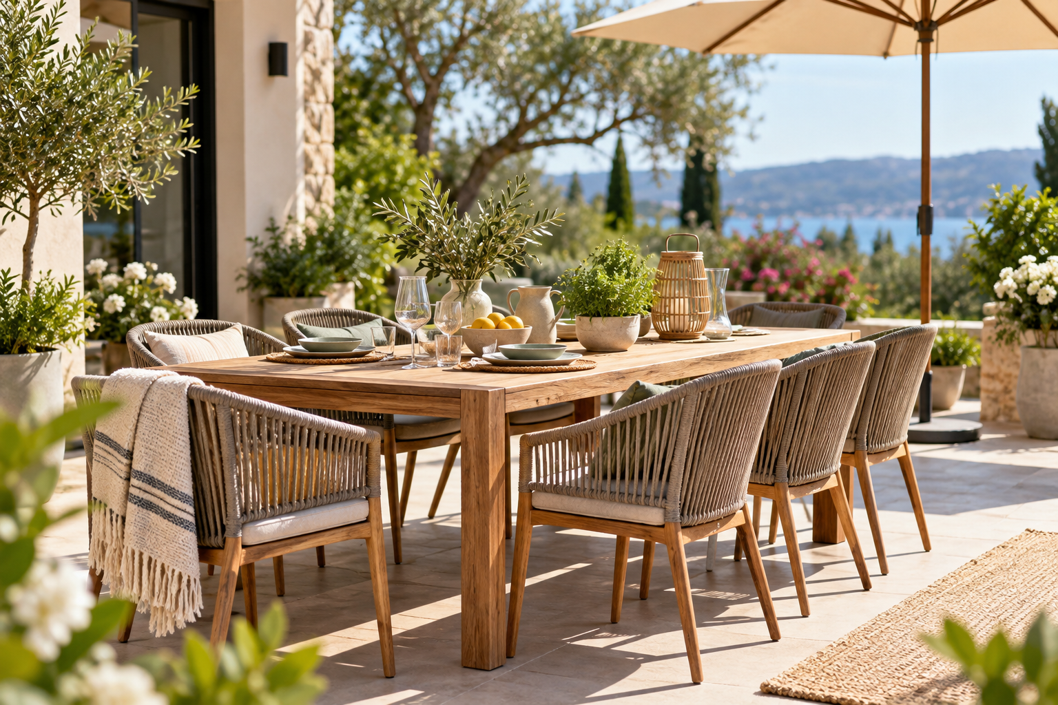 Grande table de jardin avec chaises installée sur une terrasse