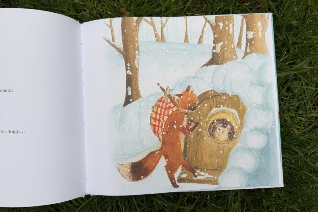 Le renard frappe à la porte du terrier du hérisson sous la neige, illustration à l’aquarelle de Un abri pour la nuit.